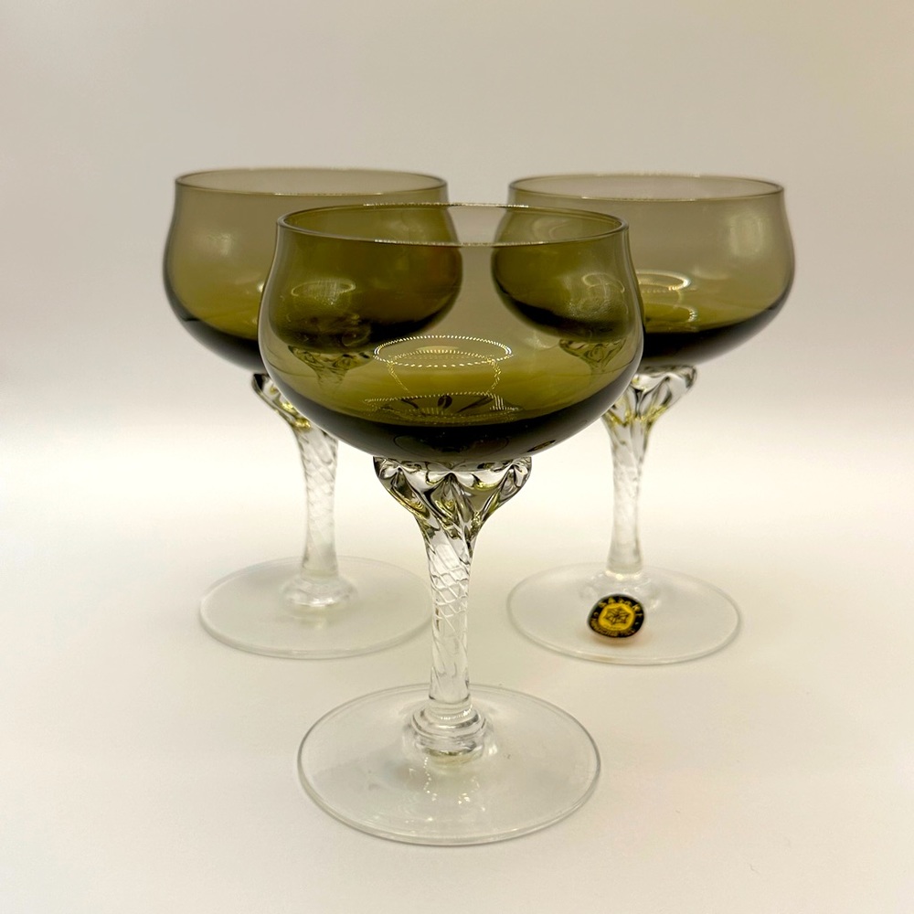 3 SASAKI Crystal Coronation Champagne Glasses Sherbet Smoked Green-Grey Small